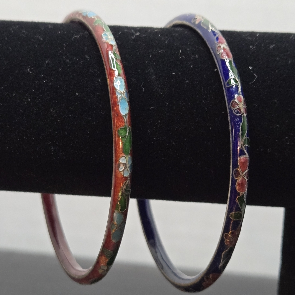 Vintage Cloissonne Bangle Set-Red & Blue 2.5" Diameter and 4mm Wide